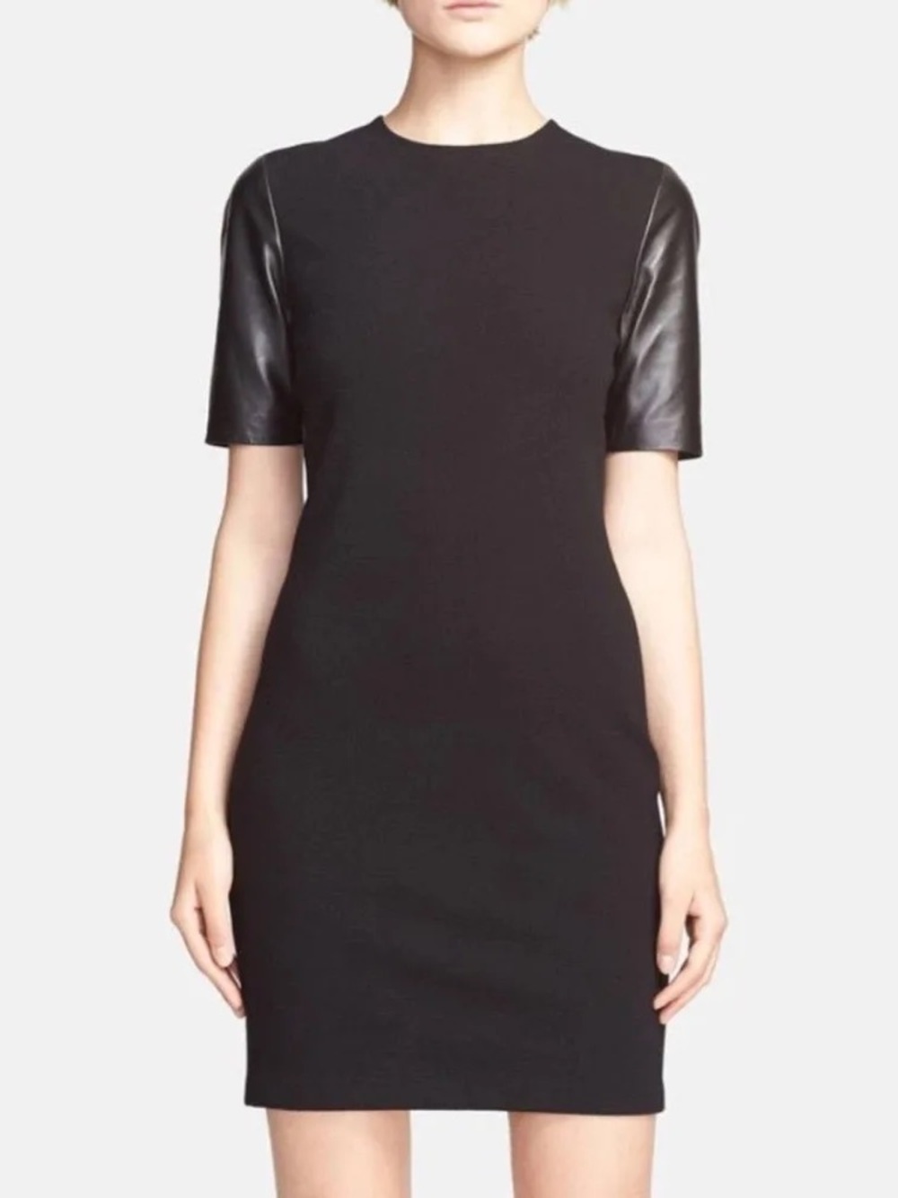 Vince Black Sheath Dress with Leather Short Sleeves | Size 4